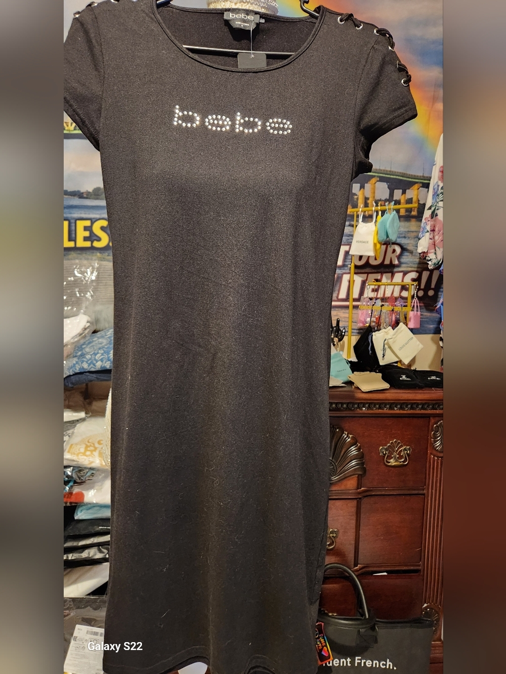 NWT bebe SIZE MEDIUM  Black Rhinestone Logo Midi Dress